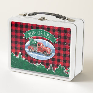 Merry Christmas Red Vintage Truck Buffalo Plaid Metal Lunch Box