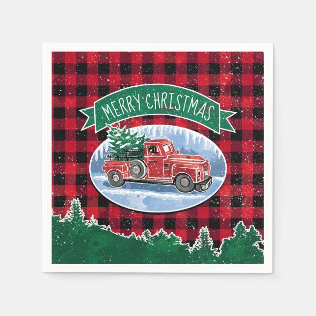 Merry Christmas Red Vintage Truck Buffalo Plaid Napkin (Front)