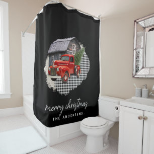 Merry Christmas Red Vintage Truck Family Name  Sho Shower Curtain