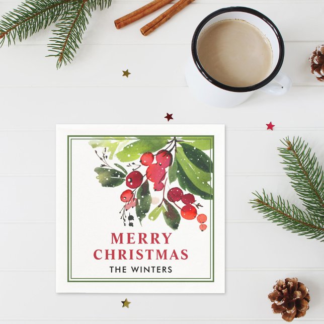 Merry Christmas Red Watercolor Greenery Monogram Napkin (Creator Uploaded)