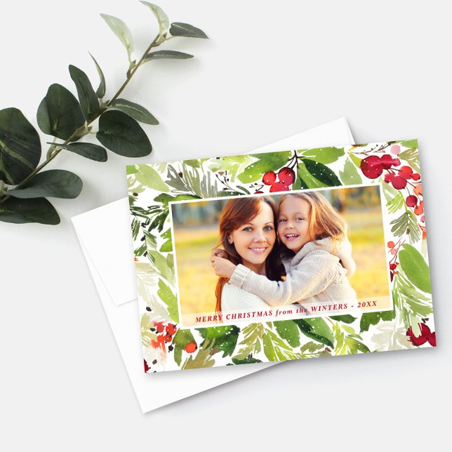Merry Christmas Red Watercolor Greenery Photo Holiday Card (Creator Uploaded)
