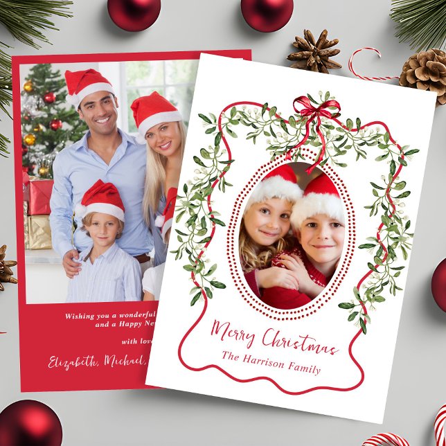 Merry Christmas Red Wavy Frame Bow Greenery Photo Holiday Card (Creator Uploaded)