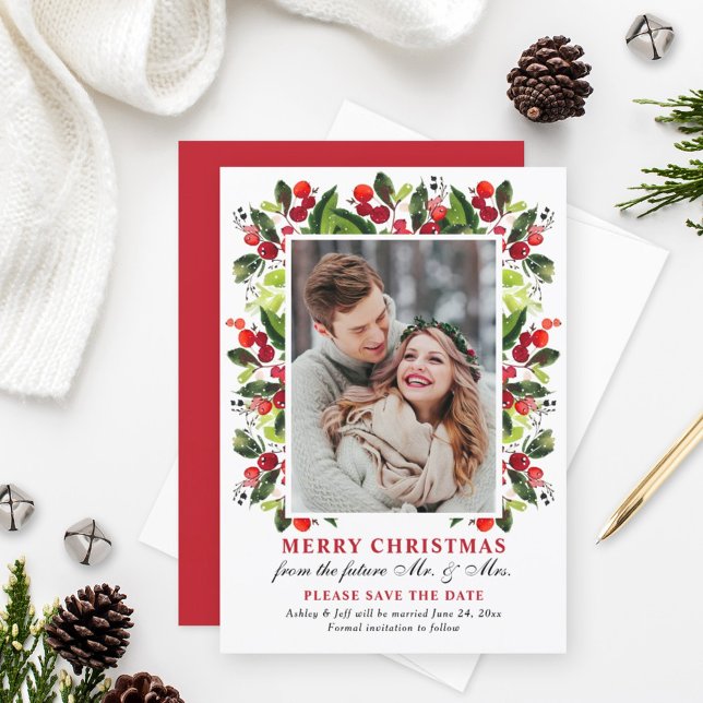 Merry Christmas Red Wedding Save the Date Photo Holiday Card (Creator Uploaded)
