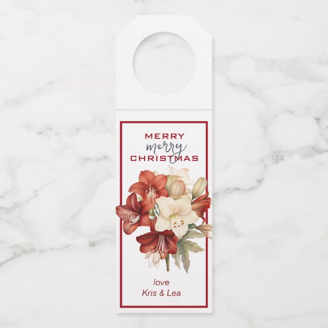Merry Christmas Red & White Amaryllis  Bottle Tag (Front)