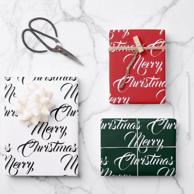 Merry Christmas red white and green elegant script Wrapping Paper Sheet (Front)
