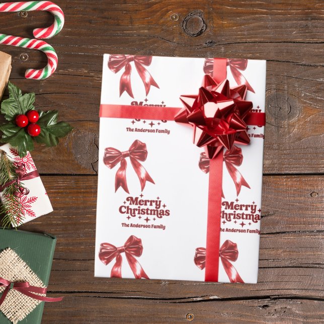 Merry Christmas red white bow retro Wrapping Paper (Creator Uploaded)