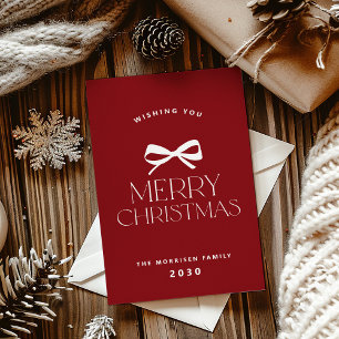 Merry Christmas red white bow simple non-photo Holiday Card