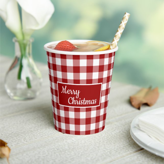 Merry Christmas Red White Buffalo Check Party Paper Cups (Insitu)
