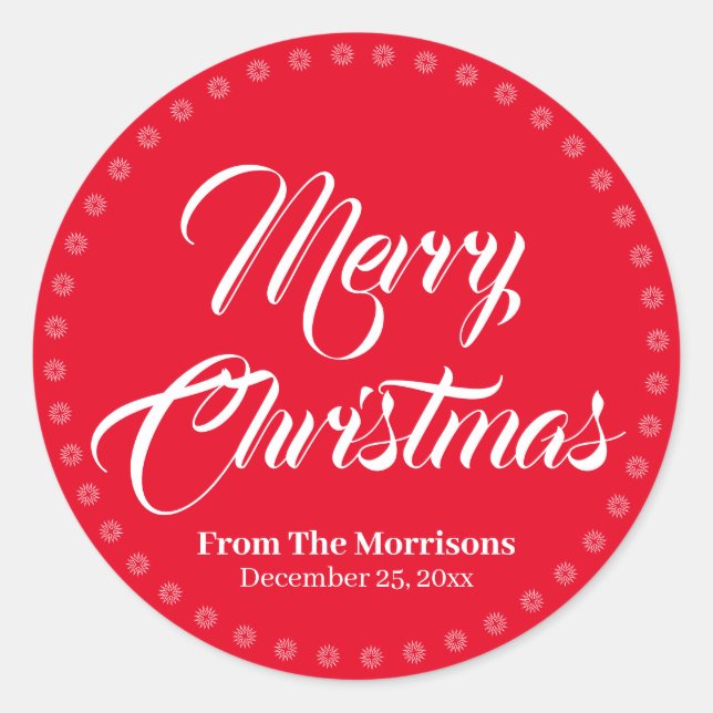 Merry Christmas red white custom script name favou Classic Round Sticker (Front)