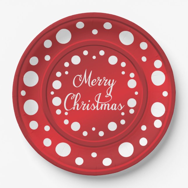 Merry Christmas red white dots pattern Paper Plate (Front)