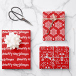 Merry Christmas Red & White Festive Modern Wrapping Paper Sheet<br><div class="desc">Add festive charm to your gifts with this set of 3 sheets of Christmas wrapping paper designs, featuring a bold red backdrop and classic holiday motifs. The collection includes retro style "Merry Christmas" text, intricate white snowflakes, and whimsical reindeer and winter foliage patterns. Perfect for creating a joyful and cohesive...</div>
