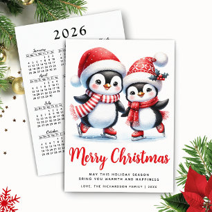 Merry Christmas Red White Fun Ice Skating Penguins Holiday Card