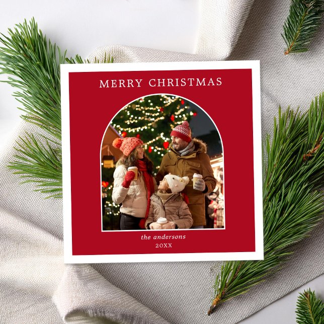 Merry Christmas Red White Minimalist Arch Photo Holiday Card (Creator Uploaded)