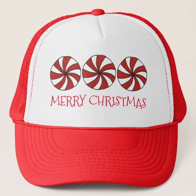 Merry Christmas Red White Peppermint Candy Mint Trucker Hat (Front)