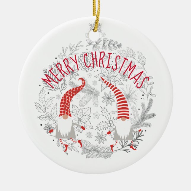 Merry Christmas Red White Personalised Gnomes Ceramic Tree Decoration (Front)