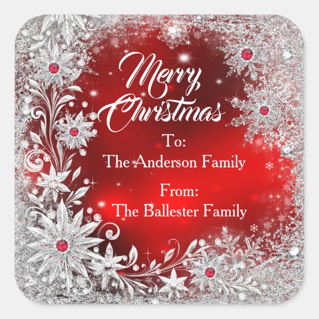 Merry Christmas Red White snowflakes red gems  Square Sticker (Front)