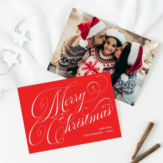 Merry Christmas | Red with Calligraphy and Photo Holiday Card (Creator Uploaded)