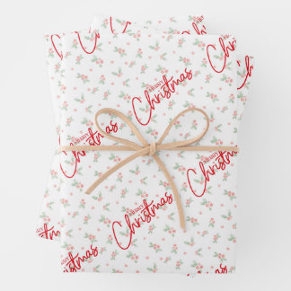 Merry Christmas Red Writing with Holly Background Wrapping Paper Sheet