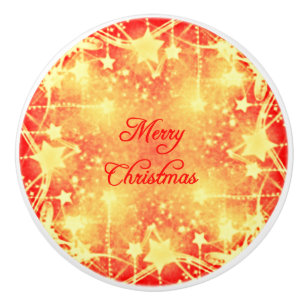 Merry Christmas Red Yellow Stars Streamers Ceramic Knob