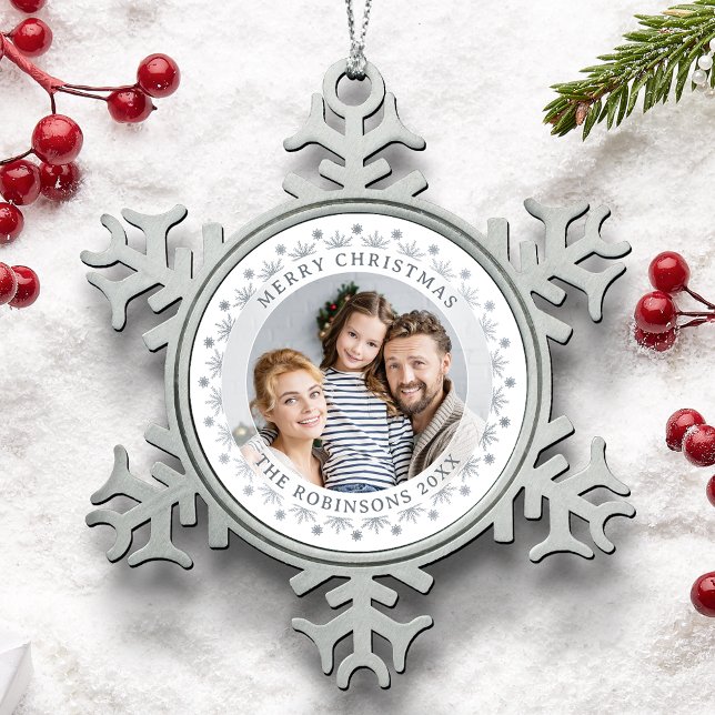 Merry Christmas Regal Custom Photo Stylish Silver Snowflake Pewter Christmas Ornament (Creator Uploaded)