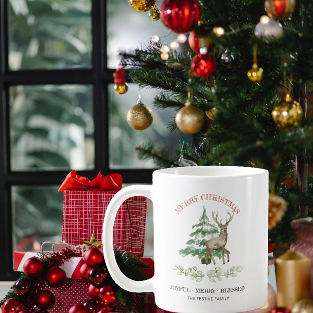 Merry Christmas Reindeer and Family Name Coffee Mug (Creator Uploaded)