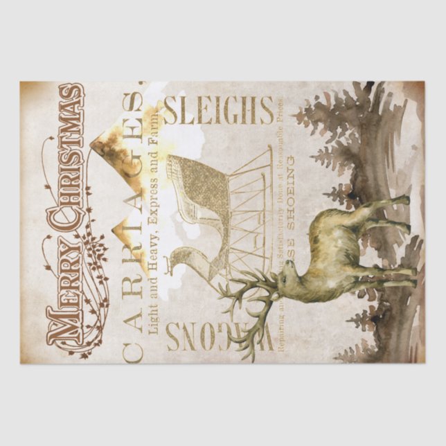 Merry Christmas Reindeer and Sleigh Decoupage Tiss Tissue Paper (Front)