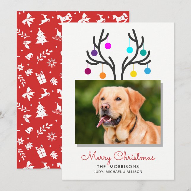 Merry Christmas Reindeer Antler Photo Pet Holiday Card (Front/Back)