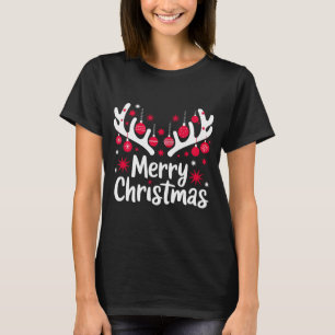 Merry Christmas Reindeer Antlers with Ornaments - T-Shirt