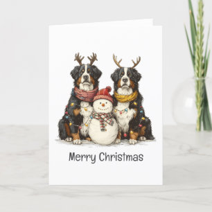 Merry Christmas Reindeer Bernese Mountain Dogs Holiday Card