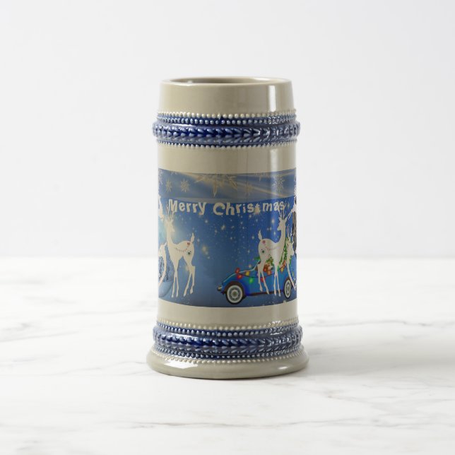 Merry Christmas Reindeer Blue Pristine Snowflakes  Beer Stein (Center)