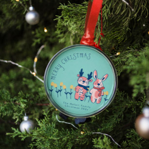 Merry Christmas – Reindeer & Bunny on Teal Metal Tree Decoration