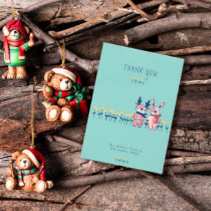 Merry Christmas – Reindeer & Bunny on Teal Thank You Card