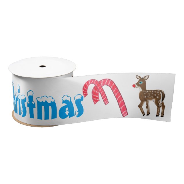 Merry Christmas Reindeer Candy Canes Satin Ribbon (Spool)