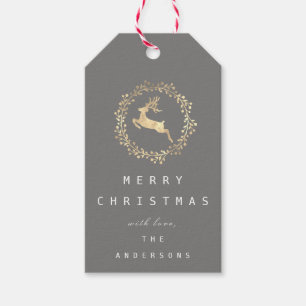 Merry Christmas Reindeer Champaigne Gold Faux Grey Gift Tags