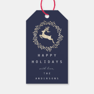 Merry Christmas Reindeer Champaigne Gold Navy Gift Tags