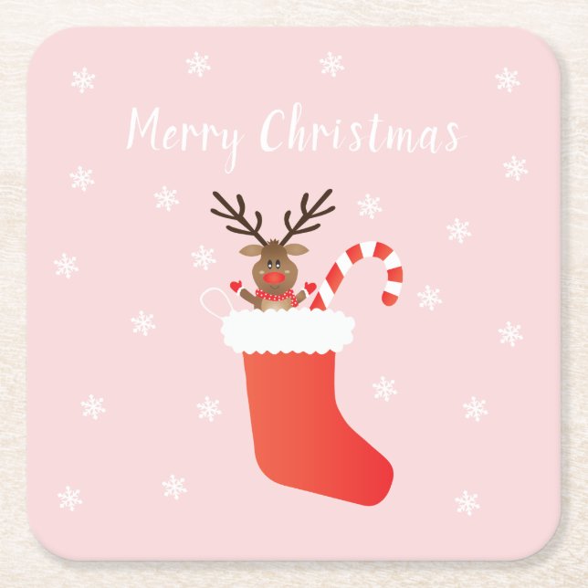 Merry Christmas Reindeer Christmas Stocking Square Paper Coaster (Front)