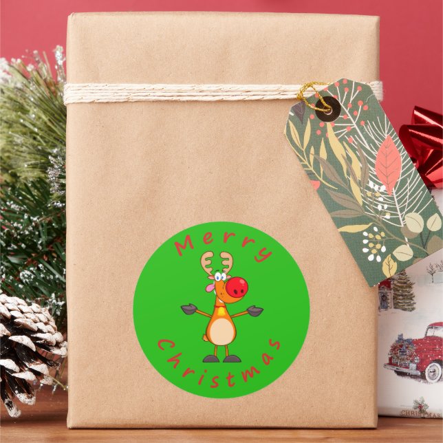 Merry Christmas Reindeer Classic Round Sticker (Holiday)