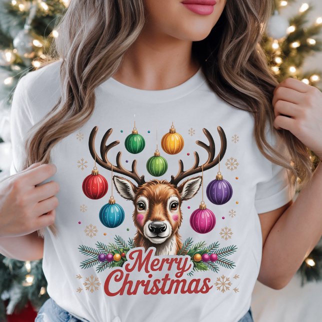 Merry Christmas Reindeer colourful baubles Holiday T-Shirt (Creator Uploaded)
