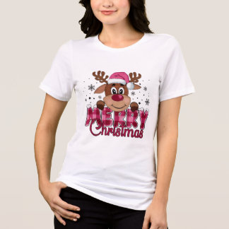 Merry Christmas Reindeer Face Plaid Typography Tri-Blend Shirt
