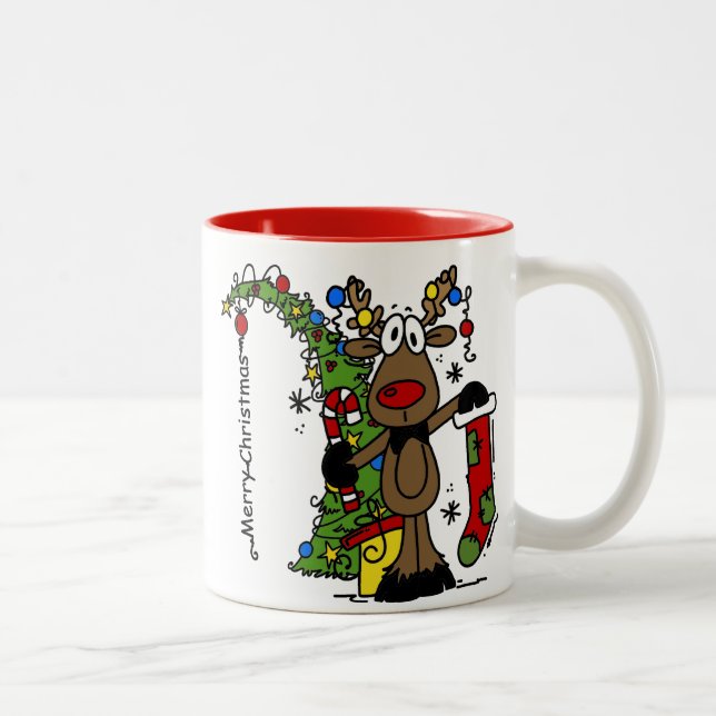 Merry Christmas Reindeer Festive Two-Tone Coffee Mug (Right)