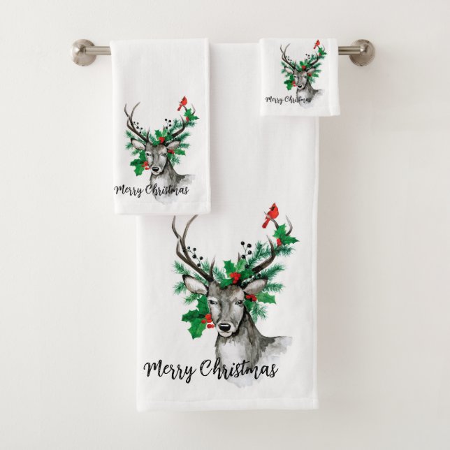 Merry Christmas Reindeer Foliage and Cardinal  Bath Towel Set (Insitu)