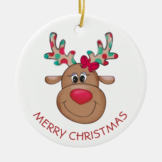 Merry Christmas Reindeer Girl Ceramic Tree Decoration (Front)