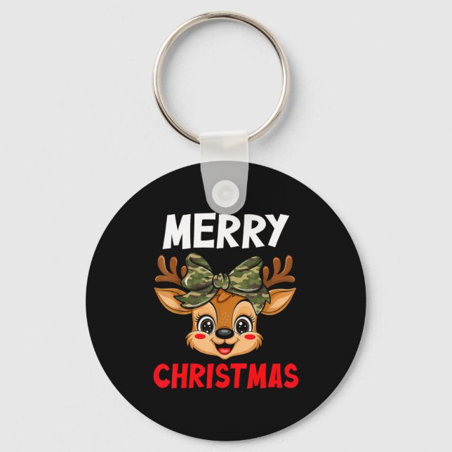 Merry Christmas Reindeer Girls Kids Camo Bow Pajam Key Ring (Front)