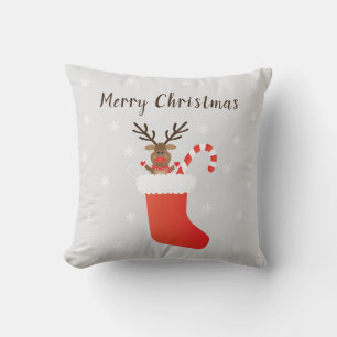 Merry Christmas Reindeer In A Stocking Red White Cushion