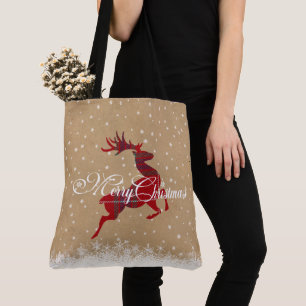 Merry Christmas Reindeer Kraft & Tartan Red ID590 Tote Bag