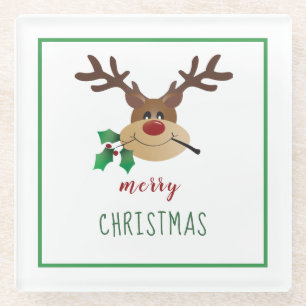 Merry Christmas Reindeer Mistletoe Green Glass Coaster