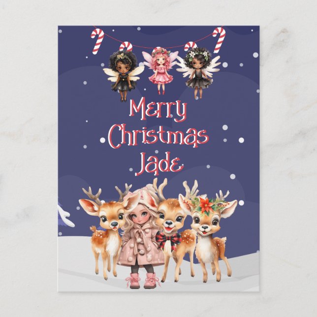 Merry Christmas Reindeer Peppermint Fairy w/ Name Postcard (Front)