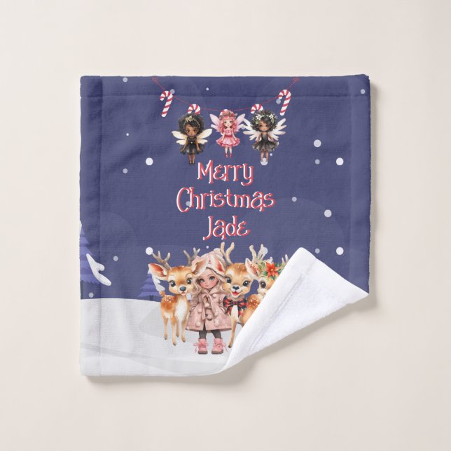 Merry Christmas Reindeer Peppermint Fairy w/ Name Wash Cloth (Wash Cloth)