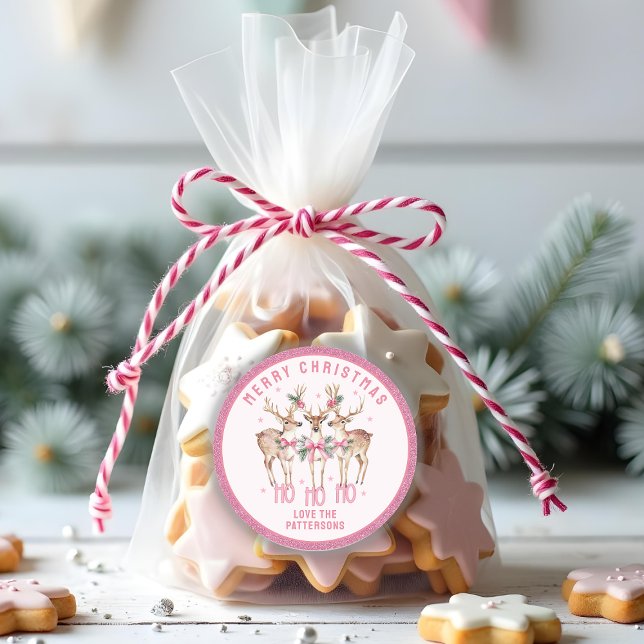 Merry Christmas Reindeer Personalised Name Classic Round Sticker (Creator Uploaded)