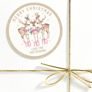 Merry Christmas Reindeer Personalised Name Classic Round Sticker